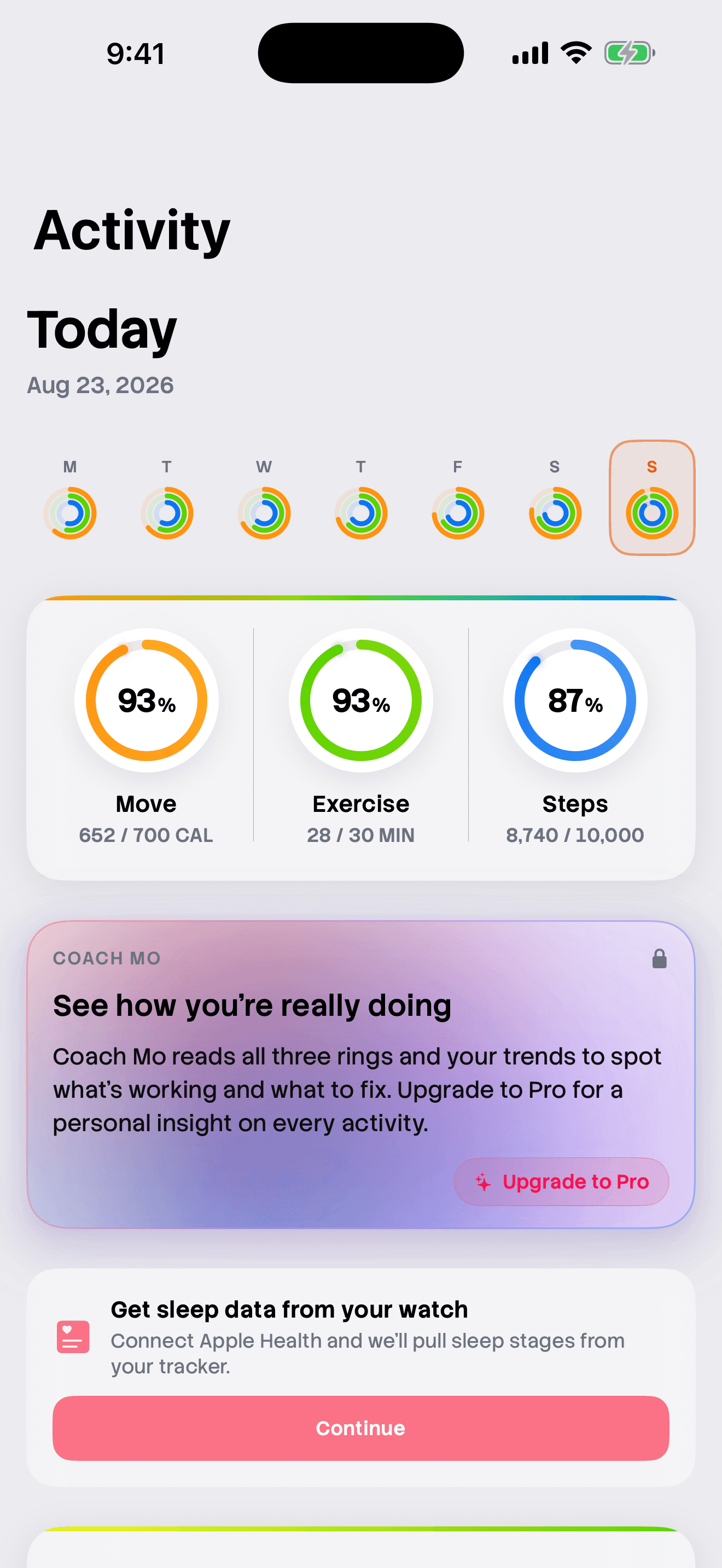 MoveTogether activity detail showing Move, Exercise, and Steps progress.