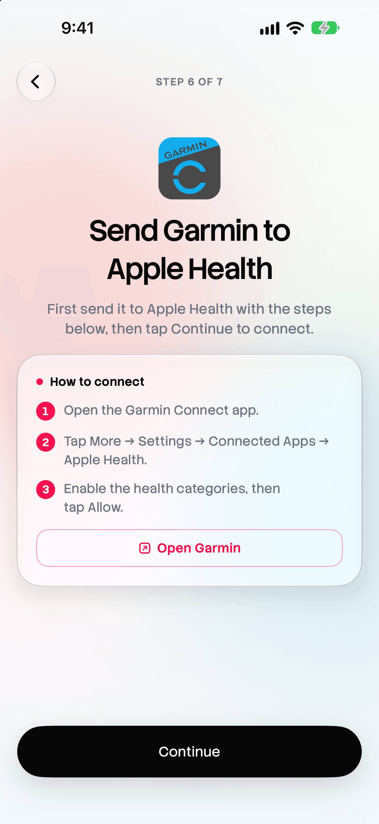 MoveTogether setup step showing how to send Garmin data to Apple Health.