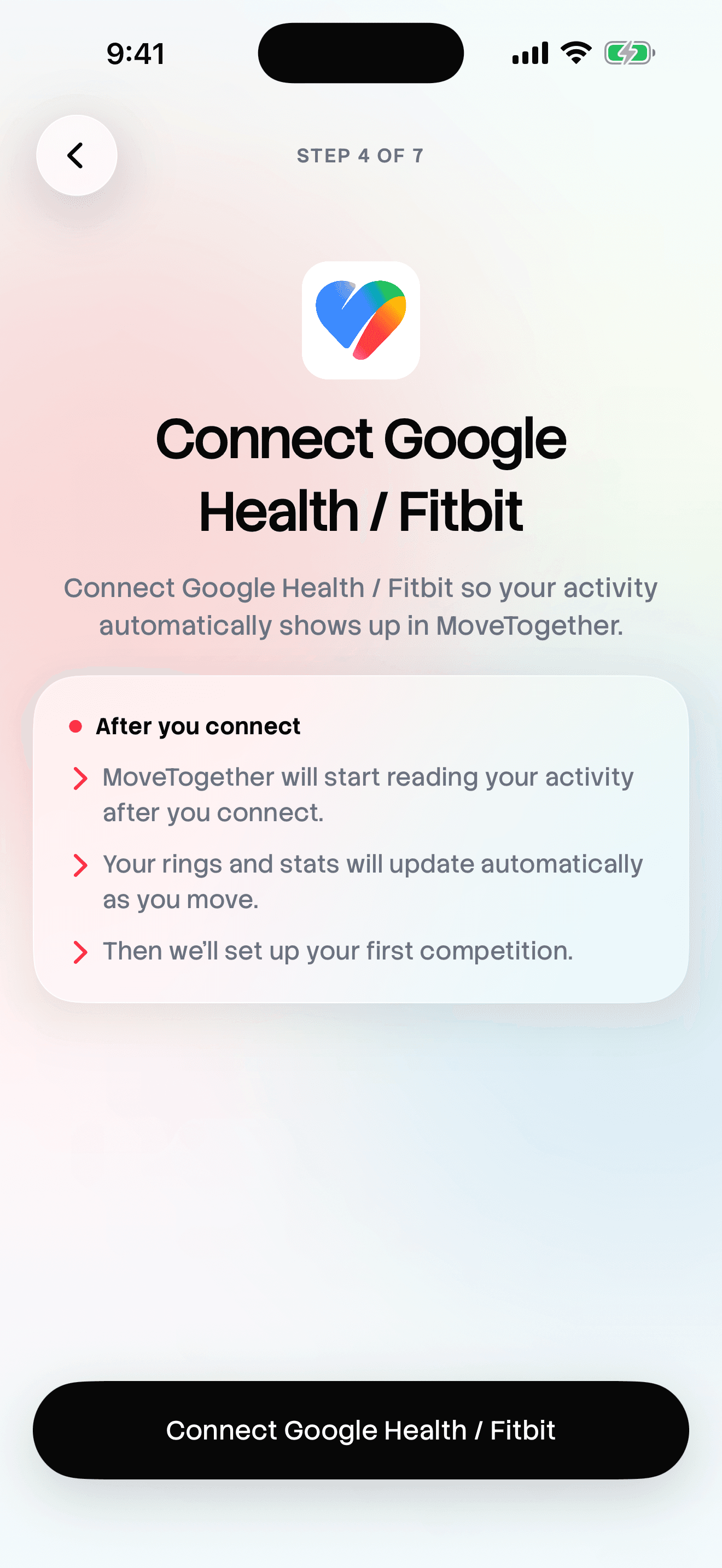 MoveTogether data-source setup showing Google Health / Fitbit ready to connect.