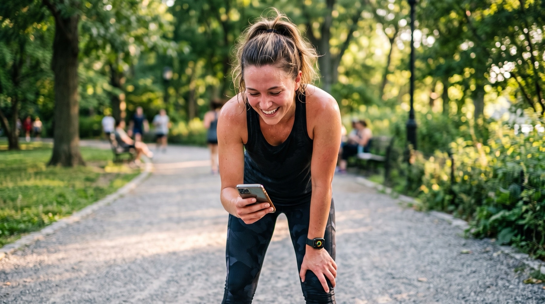 A runner laughing at a message on her phone during a park run.