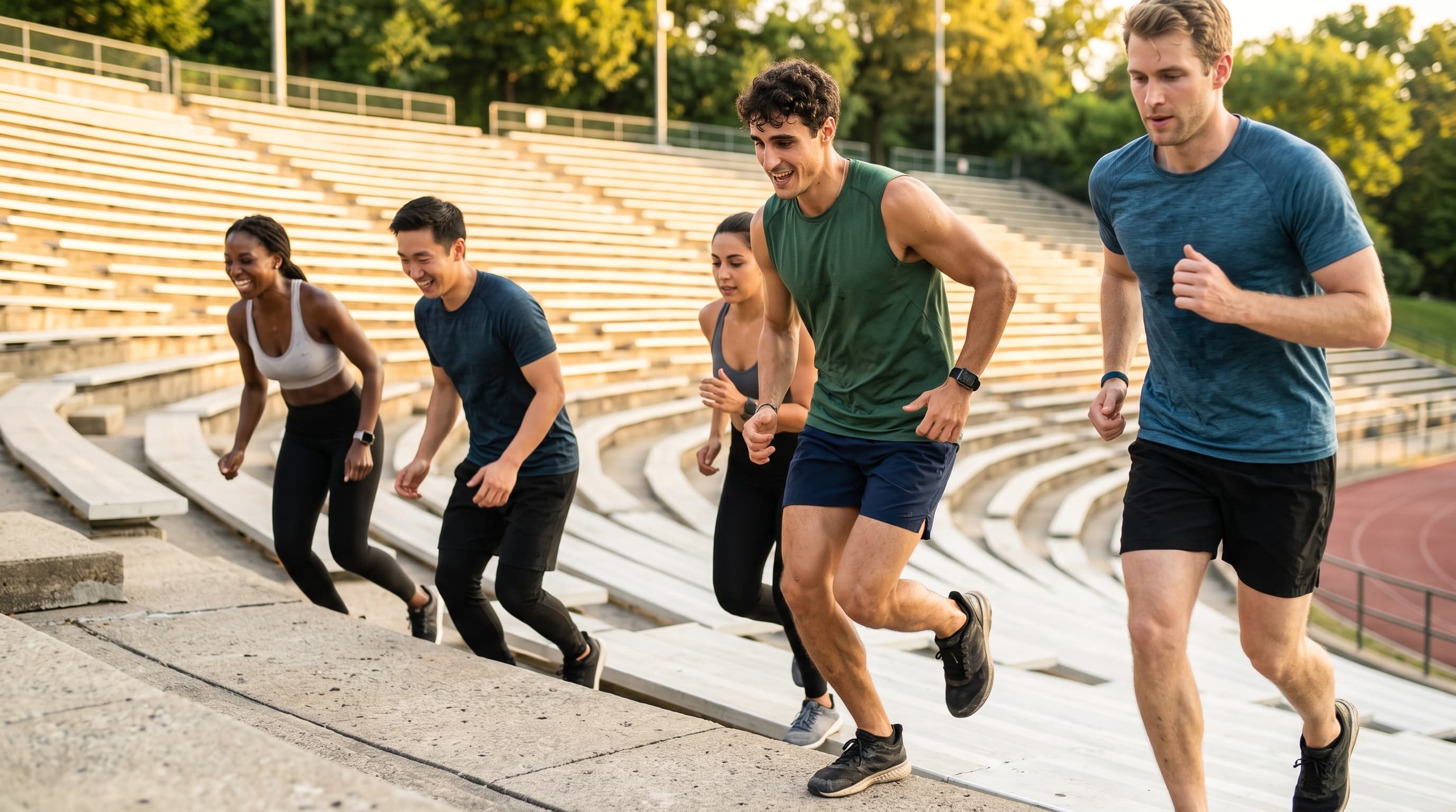 Marco and friends race up outdoor stadium steps, each moving at their own pace.