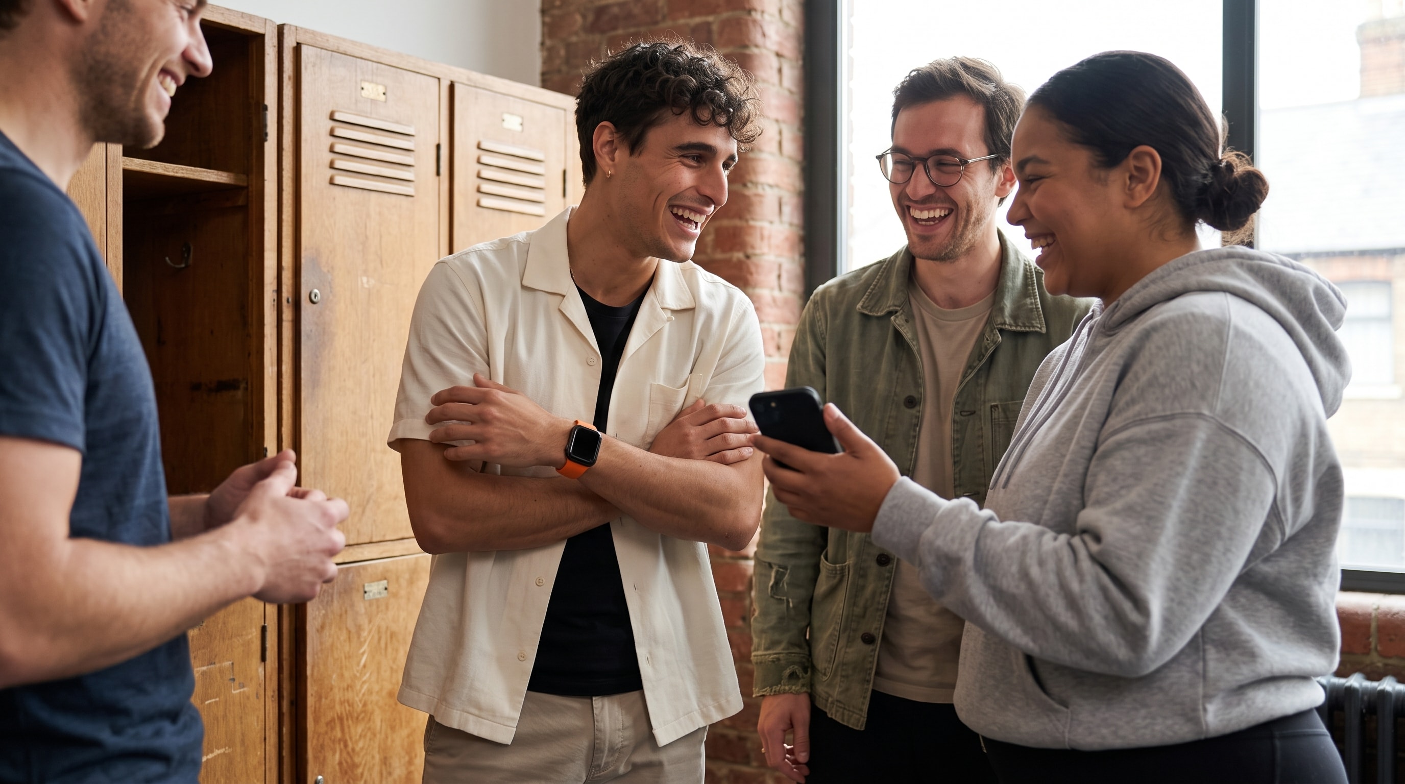 Friends laughing at a leaderboard update on a phone.