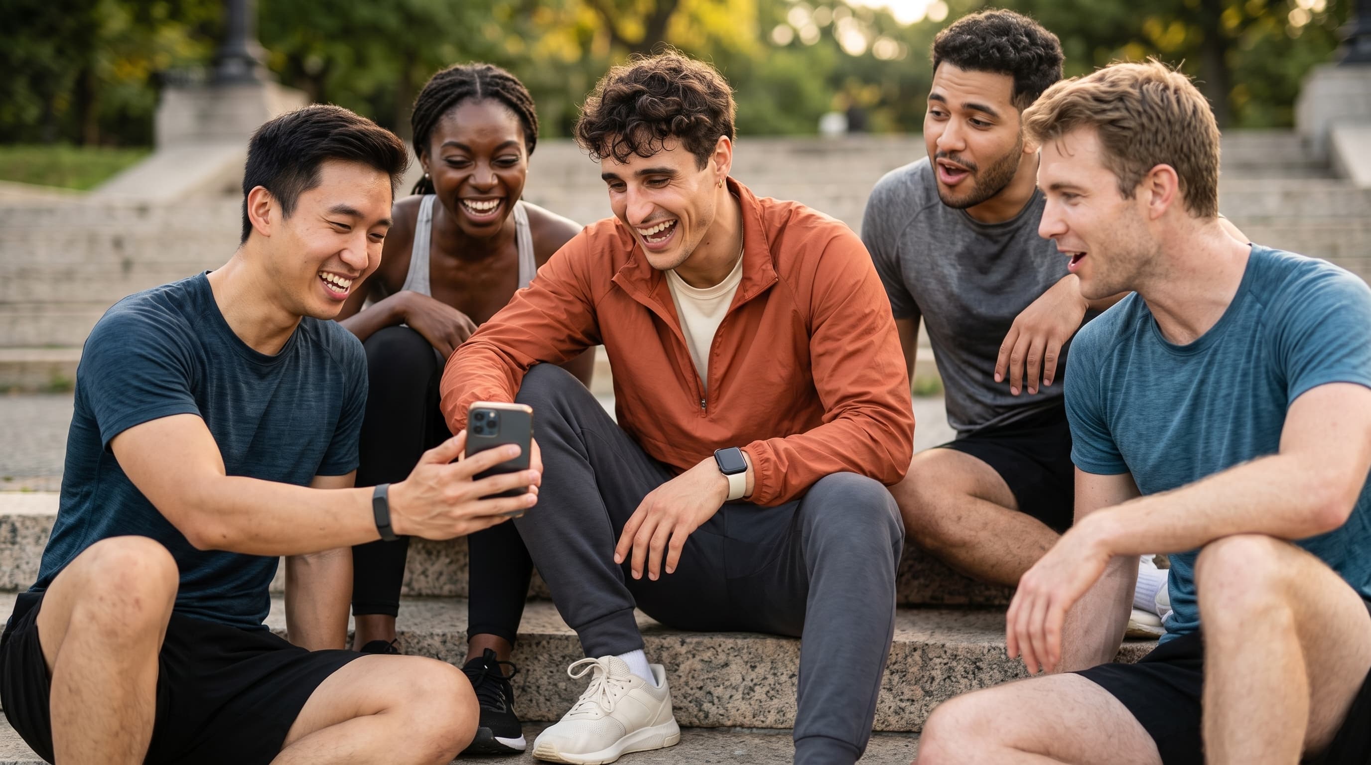 Marco and friends laugh together over a leaderboard update after a workout.