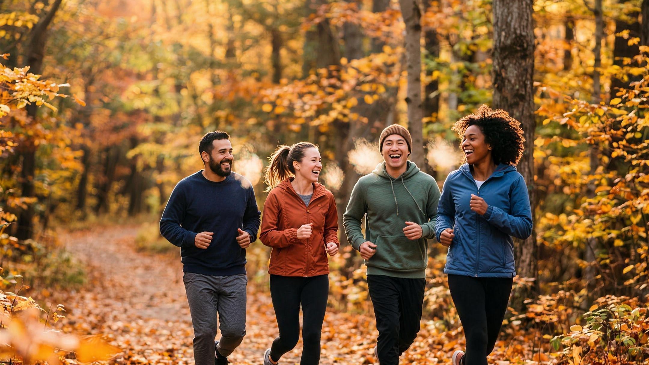 Friends jogging through a forest of autumn leaves.