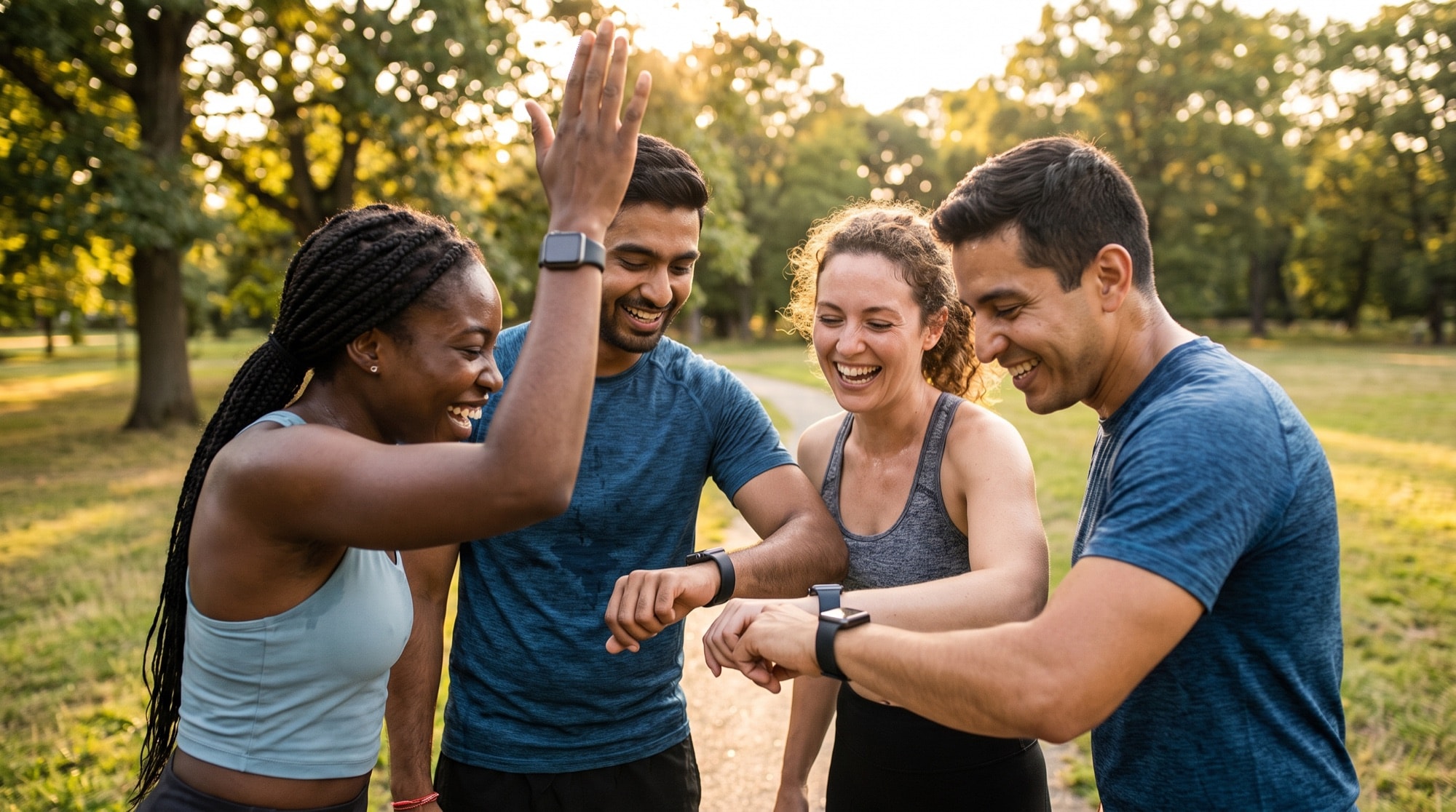 Friends comparing the watches on their wrists after a workout.